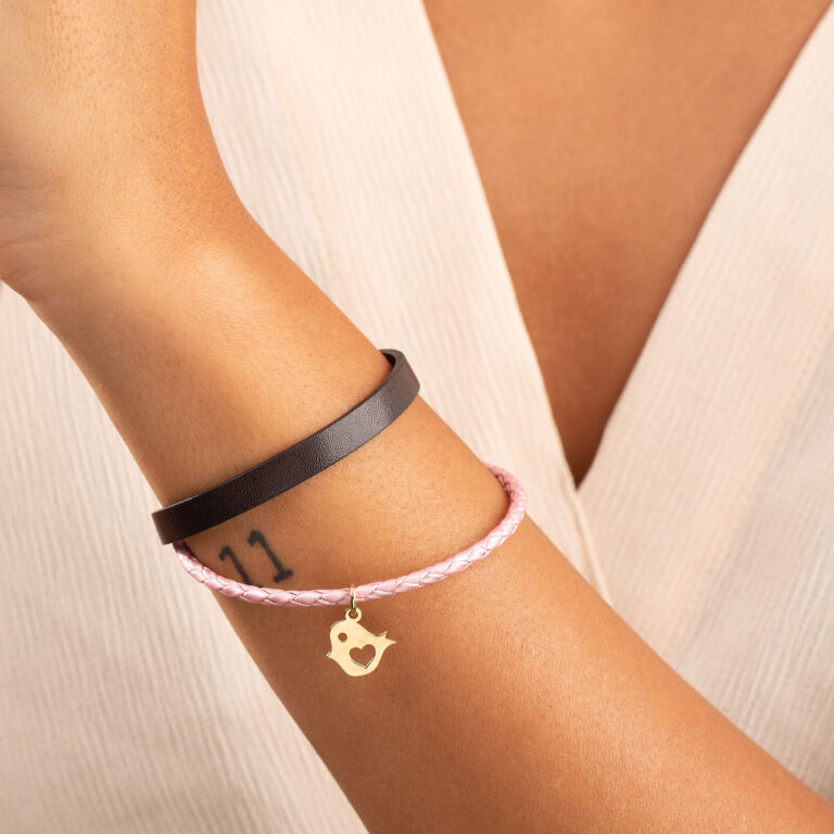 دستبند طلا چرمی گنجشک و قلب