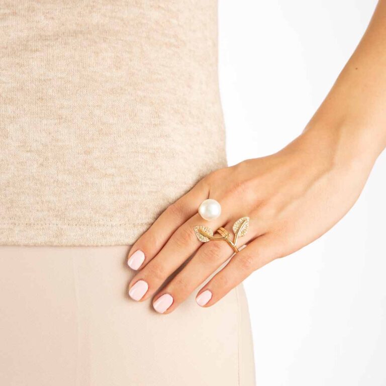 انگشتر طلا برگ و مروارید نگین دار پرسته