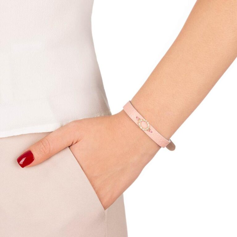 دستبند طلا چرمی صورتی بیضی کوچک نگین دار