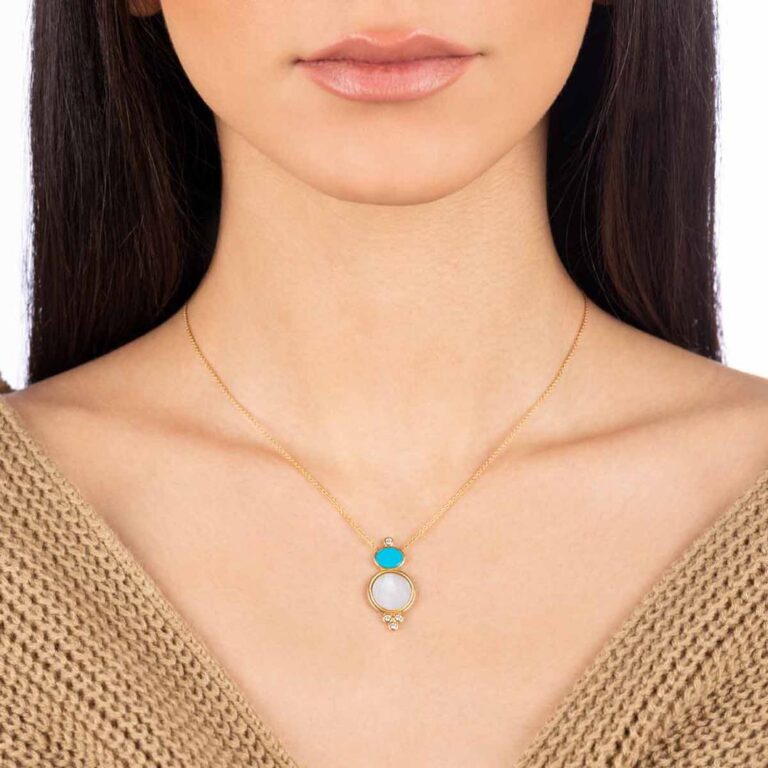 گردنبند طلا فیروزه و صدف و تک نگین