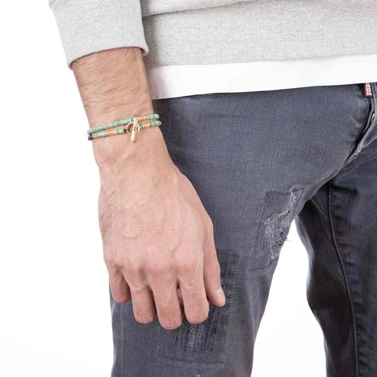 دستبند طلا سنگی دو دور فیروزه و مهره و قفل