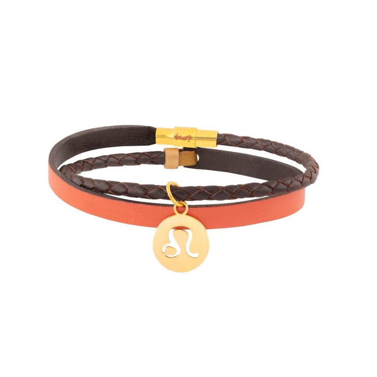 دستبند طلا چرم نارنجی و بافت نماد ماه مرداد