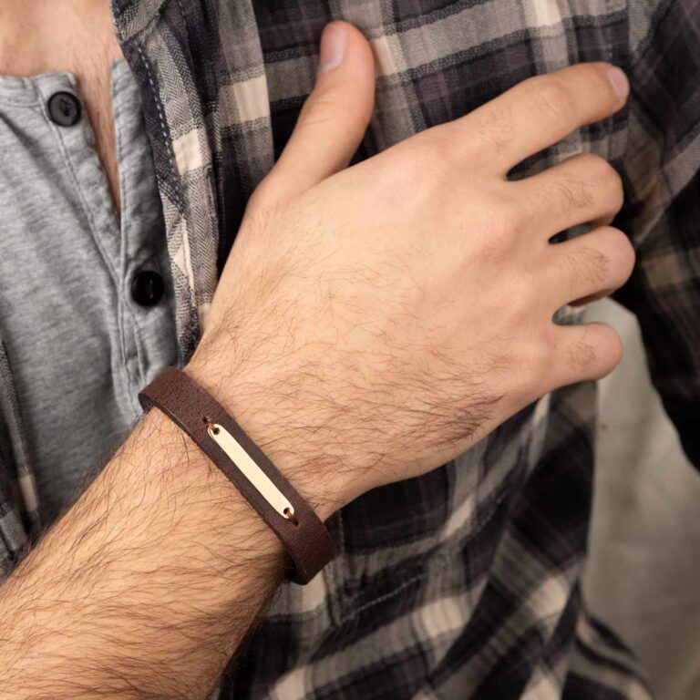 دستبند طلا چرمی قهوه ای پلیت