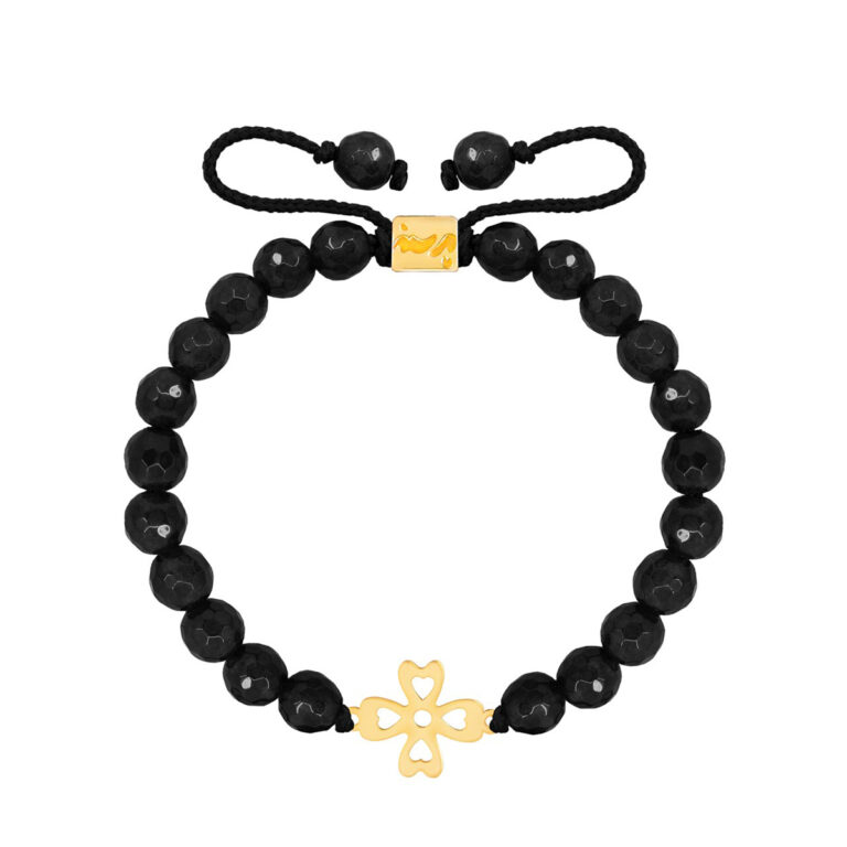 دستبند طلا سنگی شبدر توخالی و اونیکس