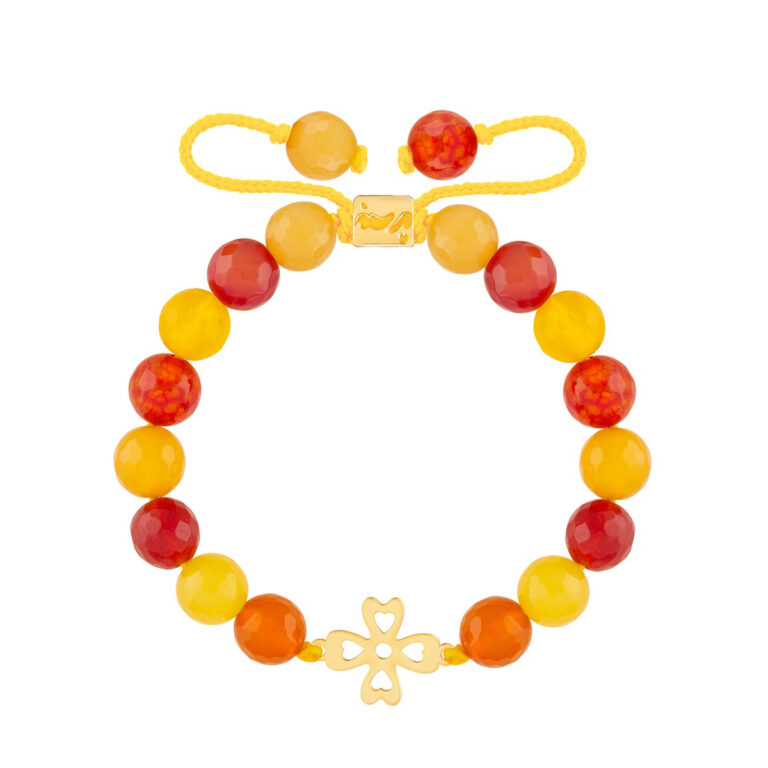 دستبند طلا سنگی شبدر توخالی و عقیق رنگی