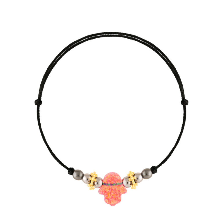 دستبند طلا بافت مشکی دست Hamsa صورتی