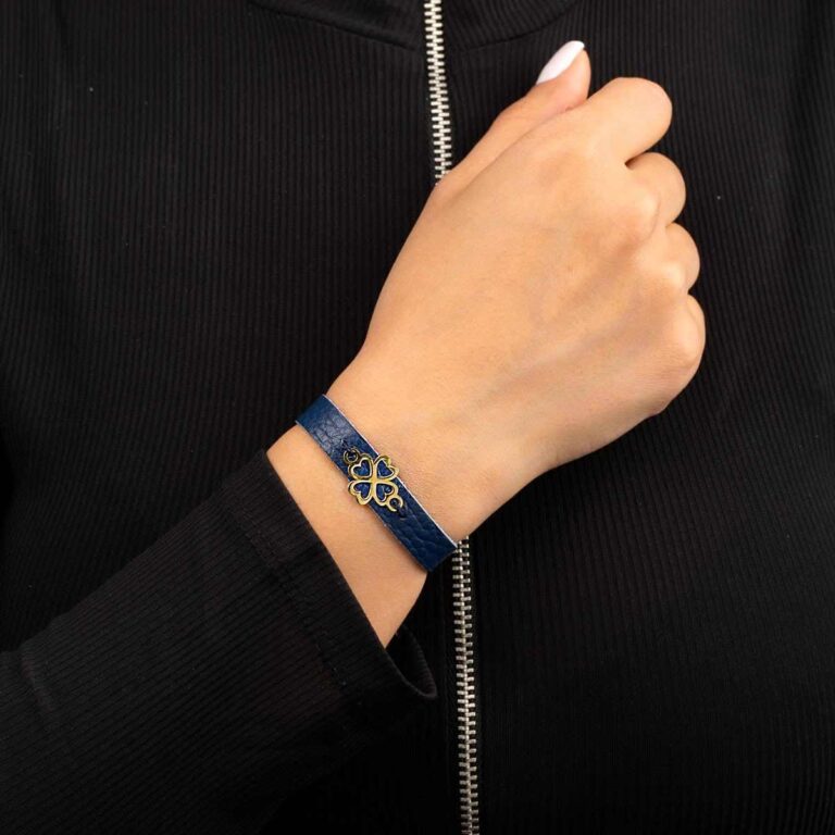 دستبند طلا چرمی آبی شبدر