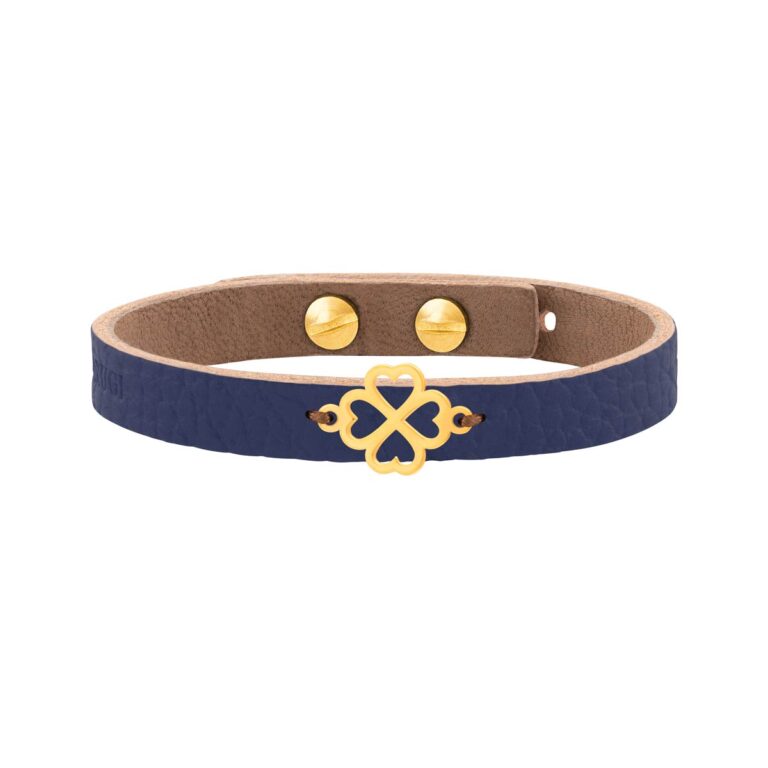 دستبند طلا چرم آبی شبدر