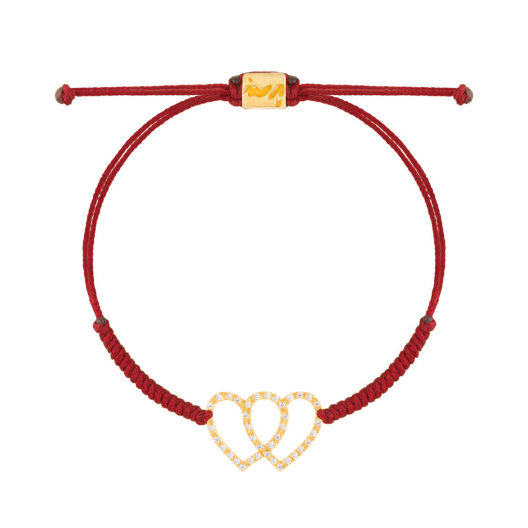 دستبند طلا بافت دو قلب نگین دار