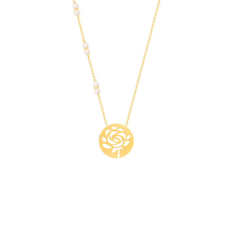 گردنبند طلا پلاک گل رز و مروارید