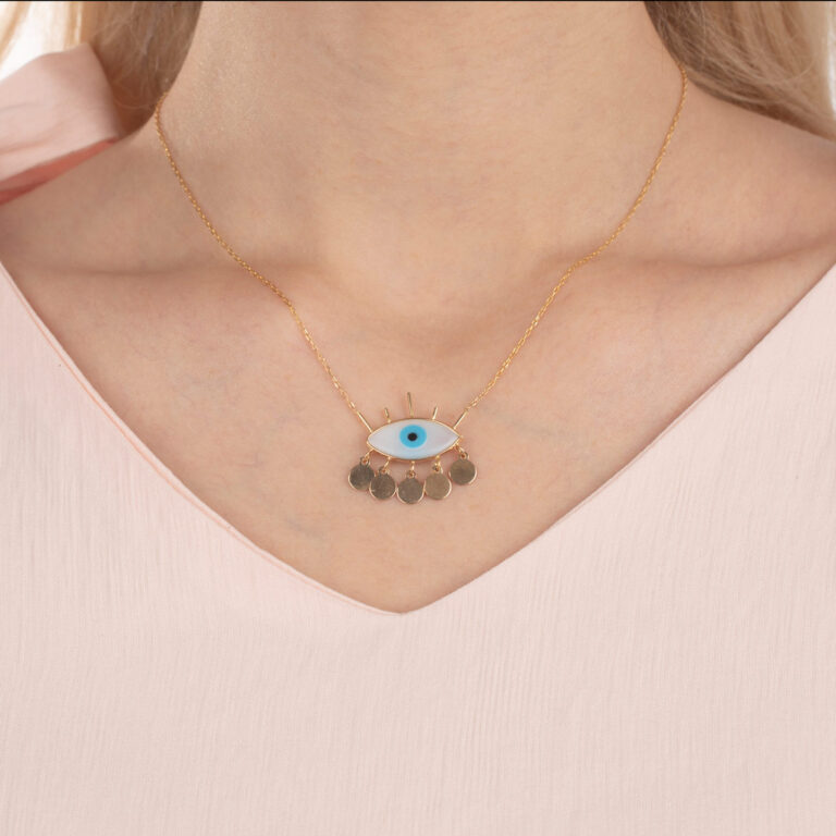 گردنبند طلا چشم مژه دار کوچک و آویز دایره