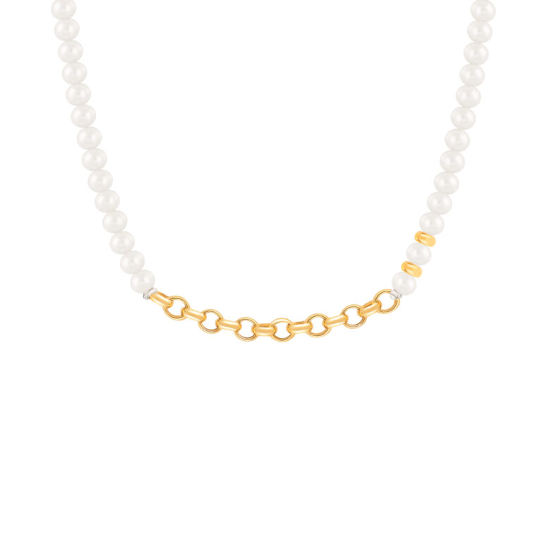 گردنبند طلا سنگی رولو و مهره مروارید