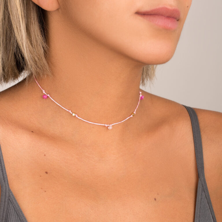 گردنبند طلا نخی دو مکعب صورتی - تصویر 3