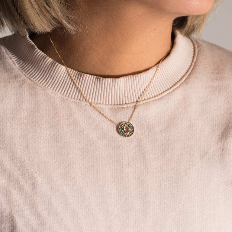 Hamsa blue hand gold necklace in