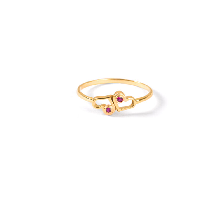 Gold ring with two red gem heartsG