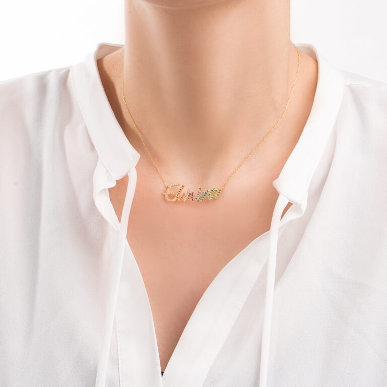 گردنبند طلا نگین دار اسم "المیرا" گالری طلا پرسته