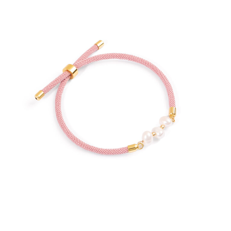 دستبند طلا بافت سه مروارید سه گوی صورتی گالری طلا پرسته