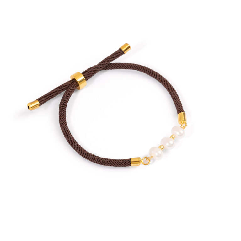 دستبند طلا بافت سه مروارید سه گوی قهوه ای گالری طلا پرسته