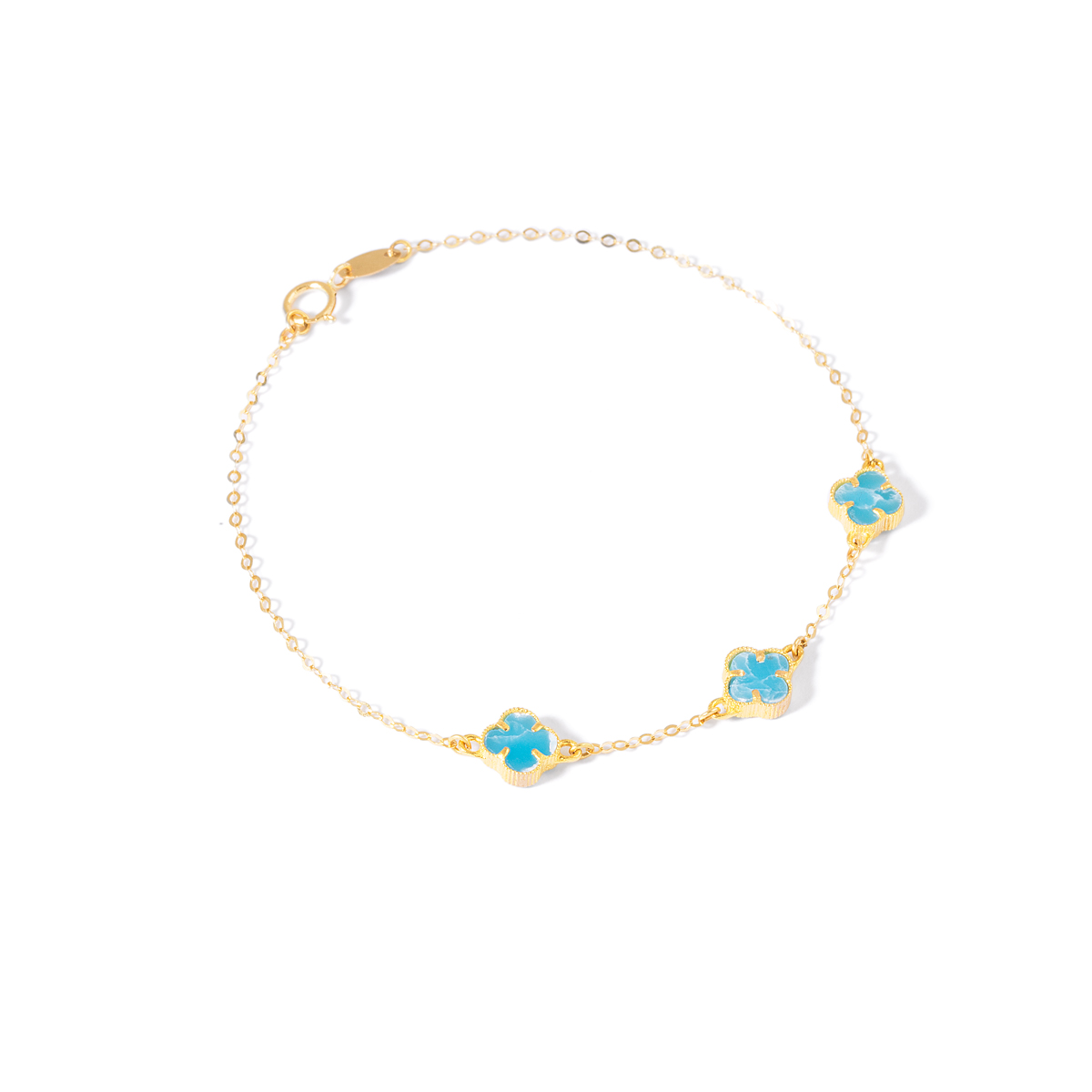 دستبند طلا زنجیری سه ونکلیف فیروزه ای گالری طلا پرسته