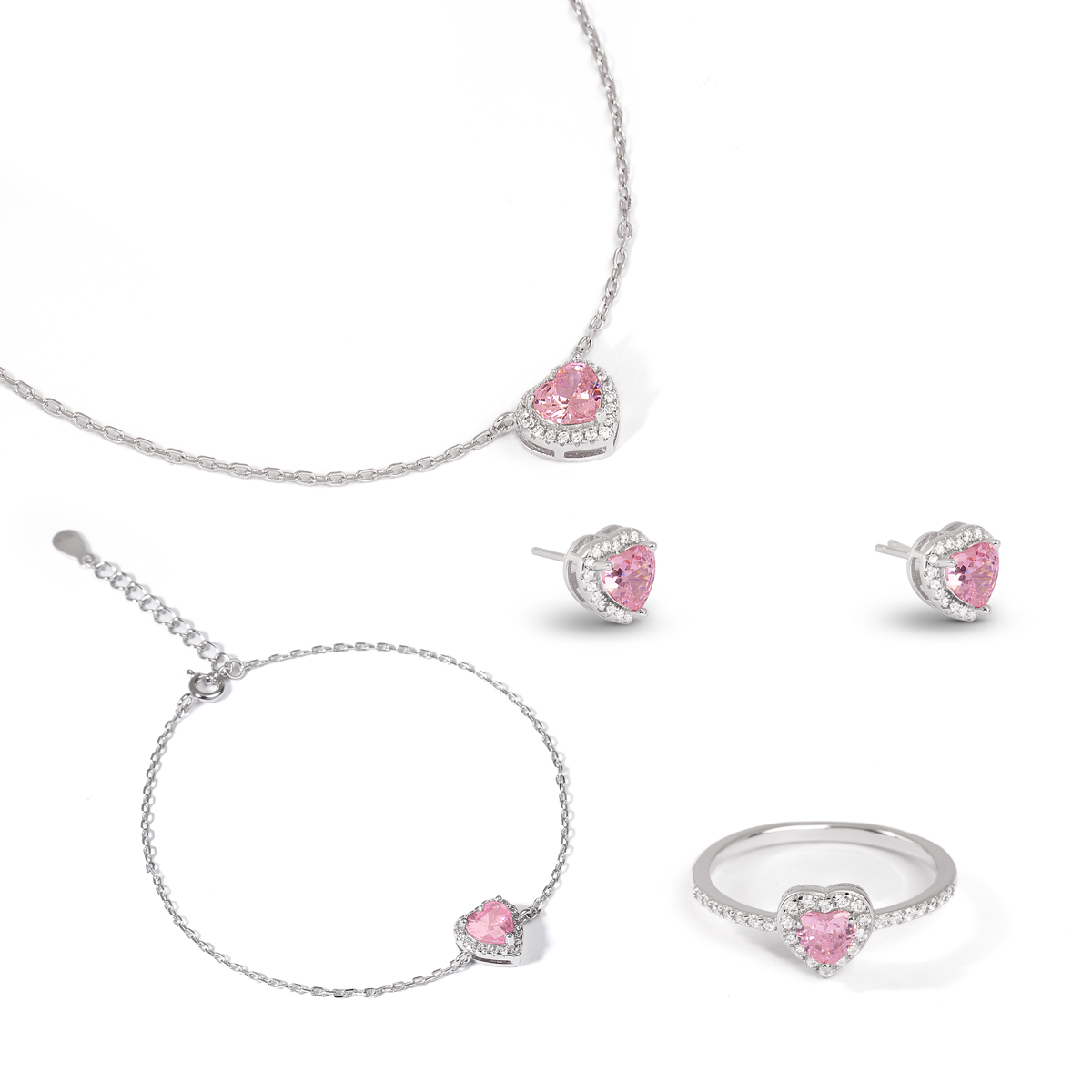 ست نقره نگین دار قلب صورتی گالری طلا پرسته