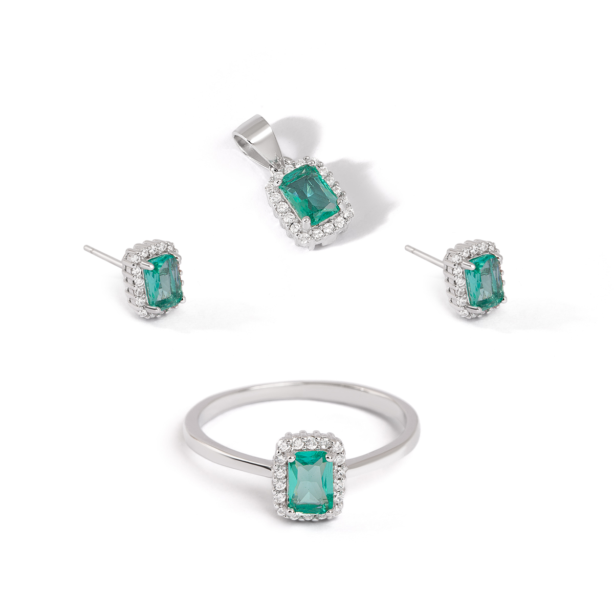 نیم ست نقره نگین دار مستطیل سبز گالری طلا پرسته