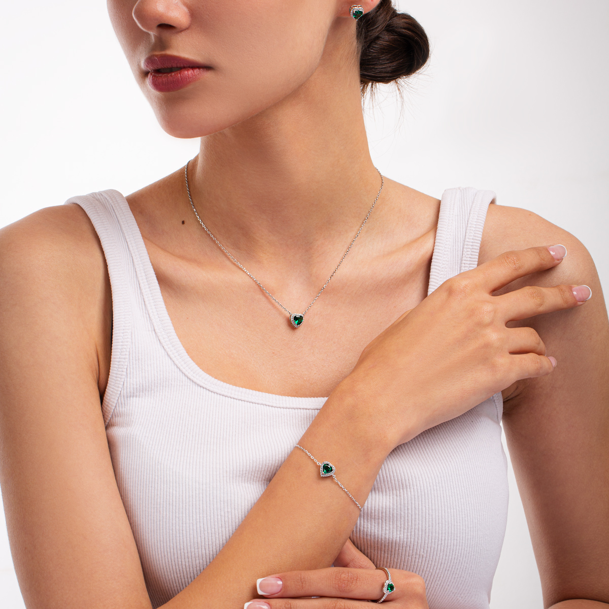 ست نقره نگین دار قلب سبز گالری طلا پرسته